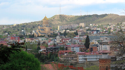 Fototapeta premium Spring View of Old Tbilisi with Sameba Cathedral