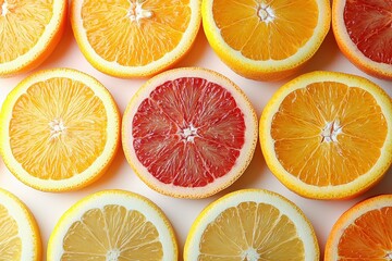 Obraz premium Bright and colorful citrus fruit slices displaying fresh oranges and grapefruit in a pattern