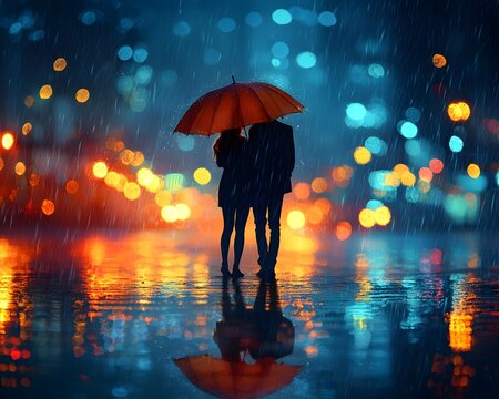 A romantic rainy evening scene of a couple sharing an umbrella with their reflections visible in the wet pavement - Powered by Adobe