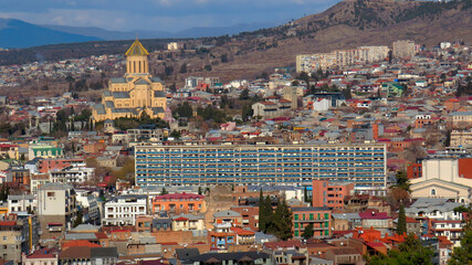 Naklejka premium View of Avlabari and Holy Trinity Cathedral (Sameba) in Tbilisi