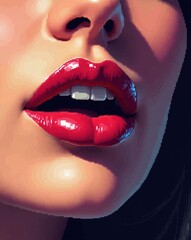 Obraz premium Pixelated close-up of glossy red lips and facial features.