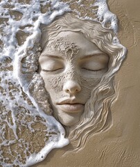 An ethereal representation of a face partially hidden in sand with gentle waves flowing over it, symbolizing the harmony between humanity and nature in an awe-inspiring artistic expression.