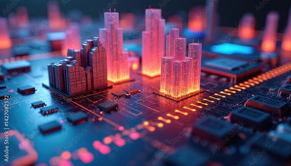 Poster vibrant 3d cityscape rises from tech circuit board. symbol of big data, digital transformation, repr