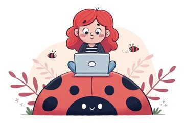 Fototapeta premium Red haired girl sits on ladybug while working on computer outdoors in a peaceful setting during daytime