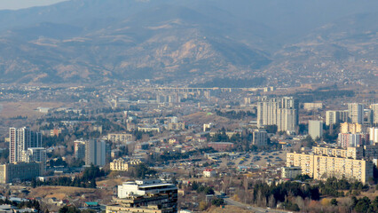 View from above of a residential area of ​​Tbilisi in spring on a sunny day, Georgia
