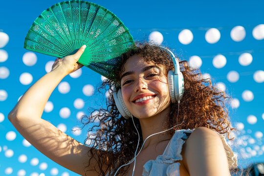 A young woman with curly hair joyfully smiles while wearing headphones and holding a green fan, set against a beautiful blue sky adorned with festive decorations and warmth. - Powered by Adobe