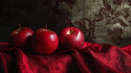Three Red Apples on Red Velvet
