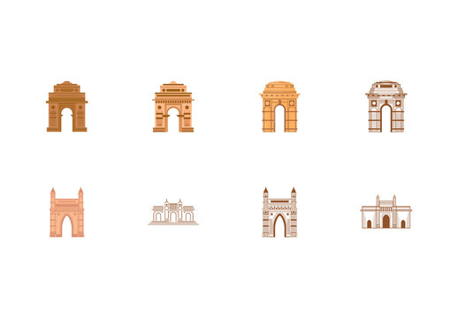 Beige And Brown Indian Landmark Illustration Set