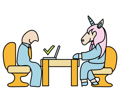 A job interview between a cartoon character and a unicorn candidate dressed in a blue suit with a tie. Concept of finding a perfect candidate.