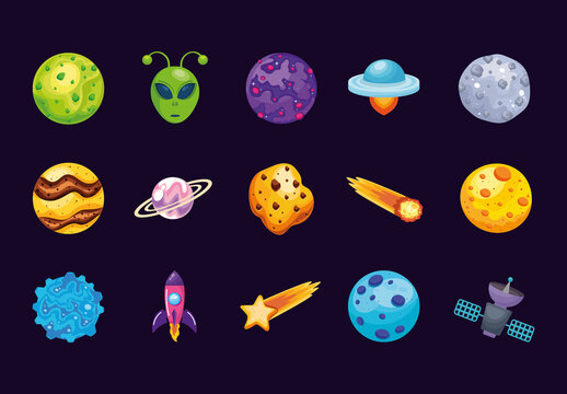 Colorful Outer Space Rocket Alien Planet Illustration Set