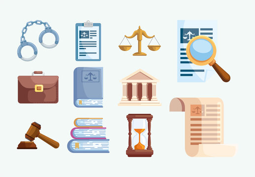 Colorful Legal Justice Courtroom Elements Icons Set