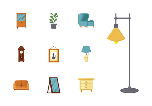 Colorful Decorative Modern Home Items Icons Set