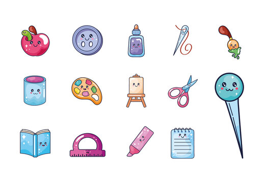 Colorful Cute Stationery School Supplies Characters Icons Set