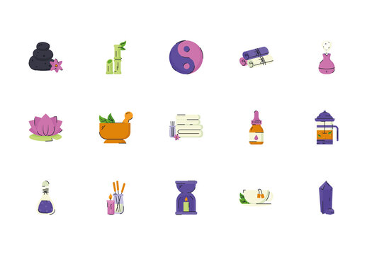 Purple And Green Zen Wellness Meditation Essentials Icons Set