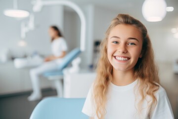 Fototapeta premium Portrait of a young American young girl smiling in the dentists office