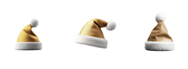 Three festive gold santa hats with white trim arranged side by side in a horizontal line