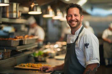 Portrait of smiling American chef in restaurant kitchen