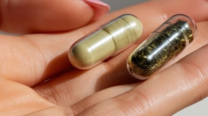 Young woman's hand holding transparent capsules with herbal extract for digestion support