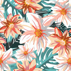 A repeat exotic floral pattern with soft pink and orange tropical flowers and green palm leaves. Artistic summer jungle design for fabric, wallpaper and textile prints.