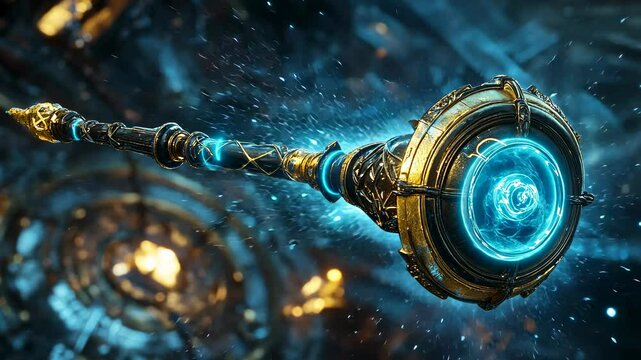 A floating magic weapon scepter emitting by blue arcane energy. A video game asset.