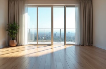 Fototapeta premium Modern living room apartment with large windows offers city view. Sunlight streams, illuminating wooden floor, beige curtains, houseplant in pot. Minimalist design, empty space evokes sense of