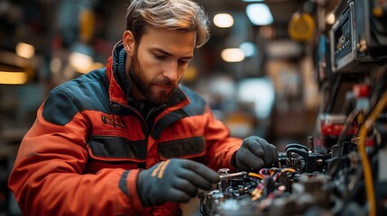 Natural light photography of mechanic working on a battery and charging system in an outdoor repair environment
