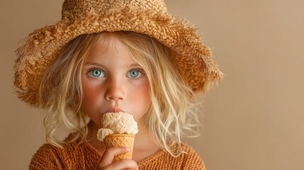Blonde child wearing a sunhat delights in vanilla ice cream against warm beige backdrop