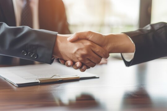 Real estate agency manager and agent seal deal with clients after signing home purchase agreement