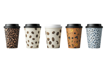 Three paper cups filled with steaming coffee, each holding a rich, aromatic brew isolated on white background or transparent png 
