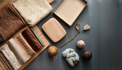 Fototapeta premium aesthetic flat lay of textures and colors for interior design