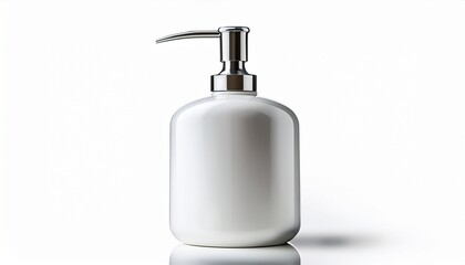 front view of white blank plastic and metal hand soap dispenser bottle on a cutout white background