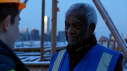 An elderly Black man wearing a bright blue vest interacts positively with a young worker at a construction site during dusk in a bustling city