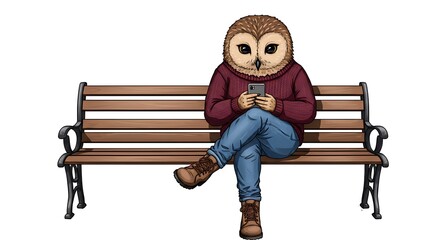 Anthropomorphic owl on a bench, engaged with a mobile phone in casual attire