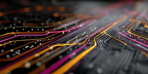 Colorful neon lines with bright glowing effects creating an intricate, abstract pattern over a dark background