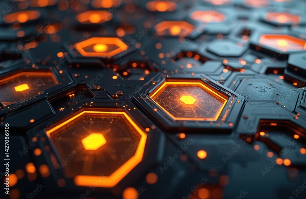 Leinwandbilder futuristic tech panel illustration with glowing hexagon shapes, futuristic design, orange light in d