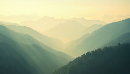 Obraz premium Serene mountain landscape soft sunlight and mist. Forest terrain with landform, elevation season, travel exploration. Calmness and harmony in nature. Zen and solitude.