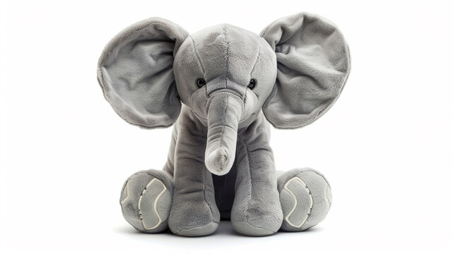 A soft, gray plush elephant toy with large ears and a white tusk, sitting upright.