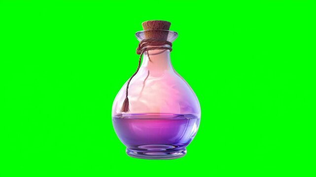 Bright purple potion in a glass bottle with cork displayed on a green background