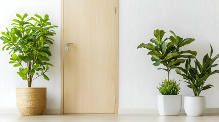 Three Houseplants By Wooden Door In Modern Interior