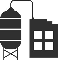 Icon showing a water tank connected by pipes to a building, indicating a water distribution system.