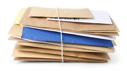 Stack of different paper envelopes isolated on white. Post office