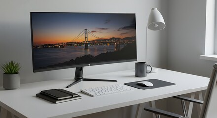 Fototapeta premium Computer monitor displaying golden gate bridge on a white desk with accessories and a lamp nearby