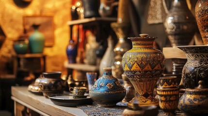 Antique pottery collection in artisanal shop with warm tones