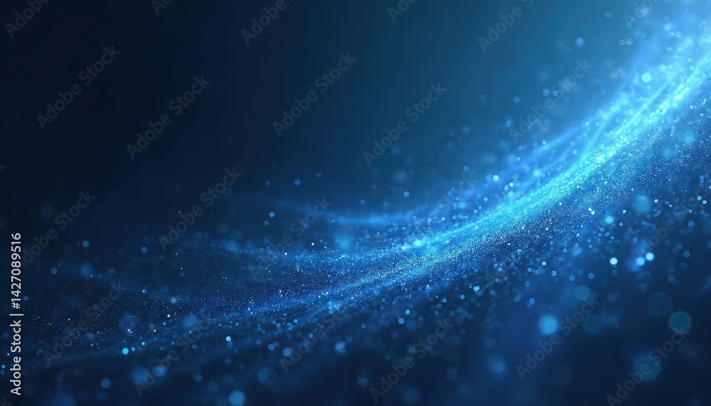 Poster abstract blue background with glimmering particles. digital art illustration shows dynamic wave, lig