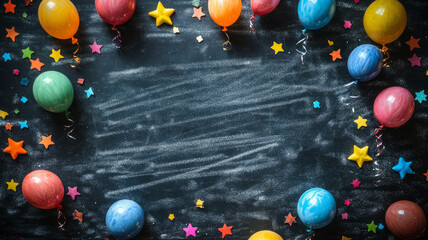 Colorful balloons and stars around a chalkboard background.