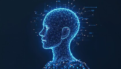 Futuristic illustration of AI concept. Lowpoly blue geometric head against dark background. Digital artwork features neural network, innovation, digital transformation, high-tech. Suitable for tech,