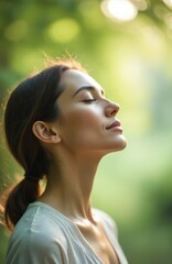Young woman closes eyes, inhales fresh air, practices deep breathing. Zen meditation, harmony, wellness, tranquility, mental health, outdoor yoga. Calm face, nature background, sunlight, serenity,