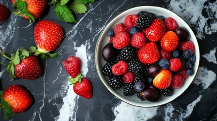 Bowl of mixed berries on black marble surface