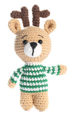 Cute knitted toy deer isolated on white