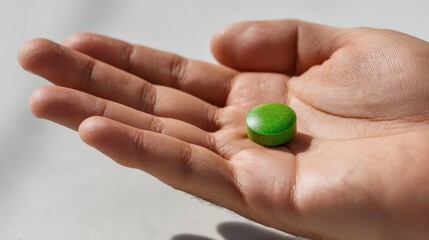 Young man holds bright green tablet for reducing anxiety on his palm
